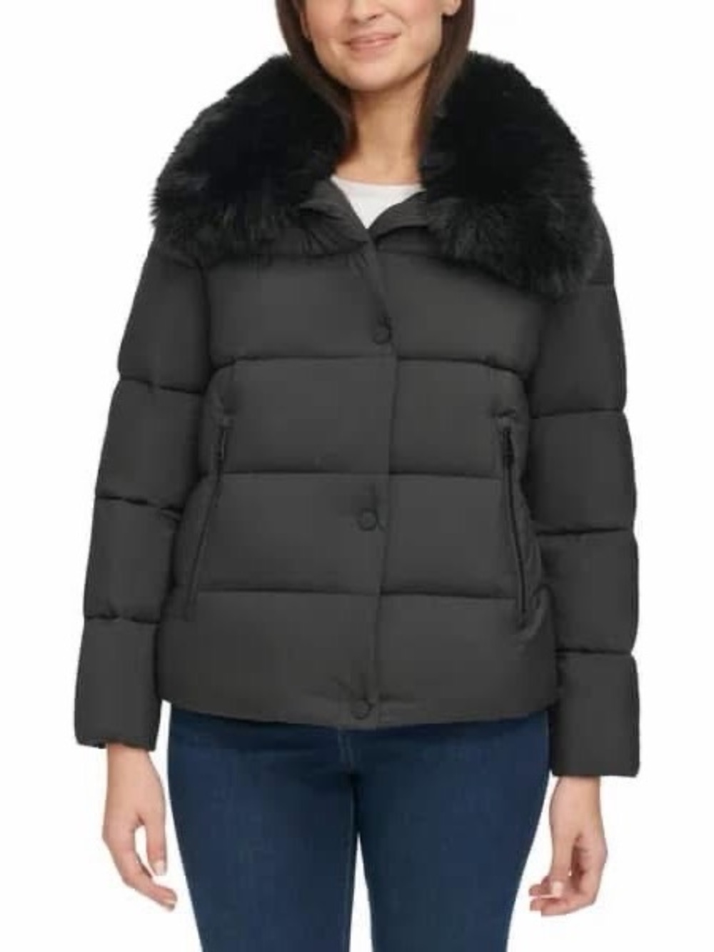 DKNY Womens Black Puffer Jacket with Removable Faux Fur Hood  (L, XL)